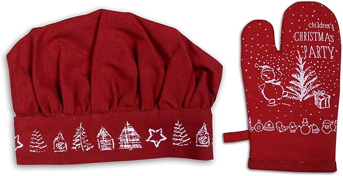 AMOUR INFINI 100% Cotton Christmas Party 3-Piece Kitchen Set| Kid's Aprons, Oven Mitts, and Chef Hats| Kitchen Play,Cooking,Grilling,Baking,Thanksgiving, for Girls, Boys & Junior Chefs
