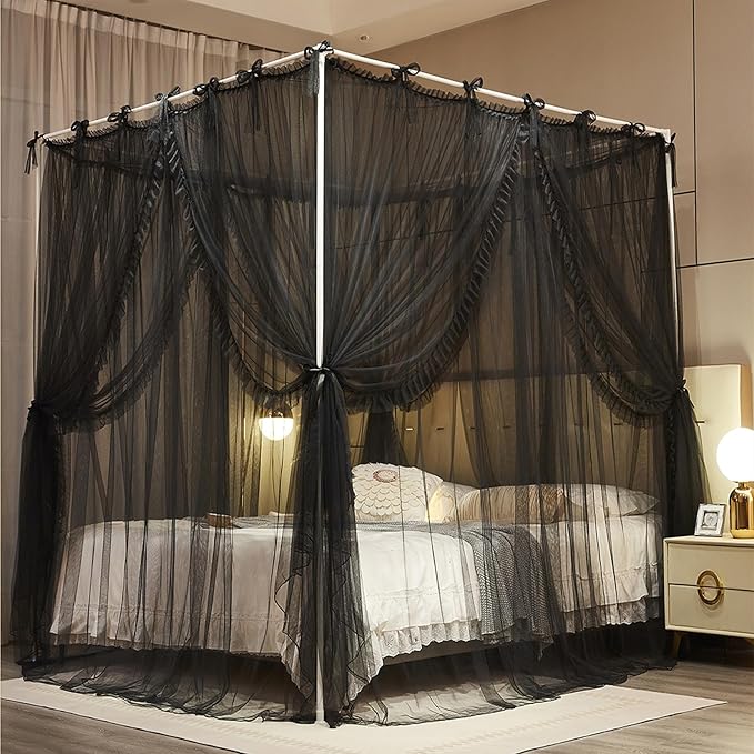 4 Corners Post Princess Curtain Bed Canopy Lace Up Double Layer 4 Opening Mosquito Net Mesh for Girls Bedroom Decoration(Black, 53" W*78" L*82" H/Full)