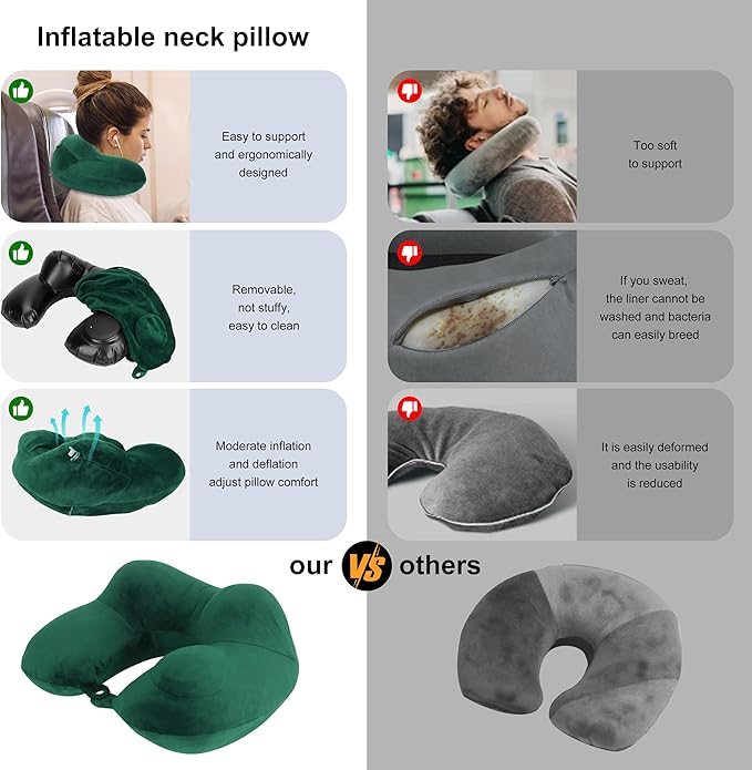 Inflatable Travel Pillow, Comfortable & Supportive Neck Pillow for Traveling, Pain Relief Sleeping Neck Pillows for Airplanes/Cars/Buses/Trains/Office Napping (Green)