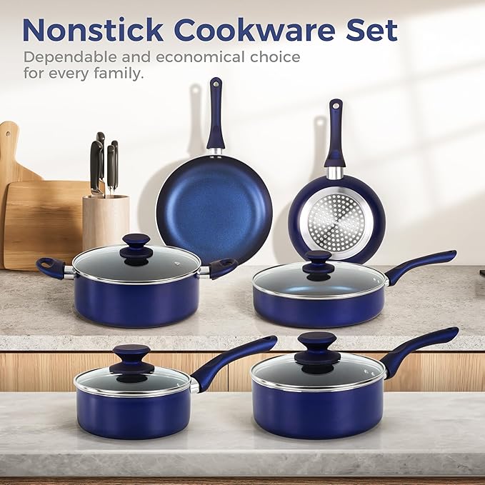 Clockitchen Non Stick Pots and Pan Set, Ceramic Cookware Set with Stay-Cool Handles, 10pcs Blue Induction Cooking Set Suitable for Gas, PFOA Free