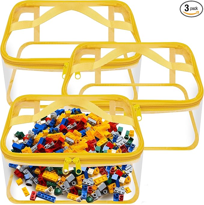 3 Packs Clear Toy Storage Bags- 9.4 x 6.7 x 4.3 Inch Transparent PVC Toy Organizing Bags with Zipper- Waterproof Toy Storage Organizer Pouch for Building Blocks, Small Toys (Yellow)