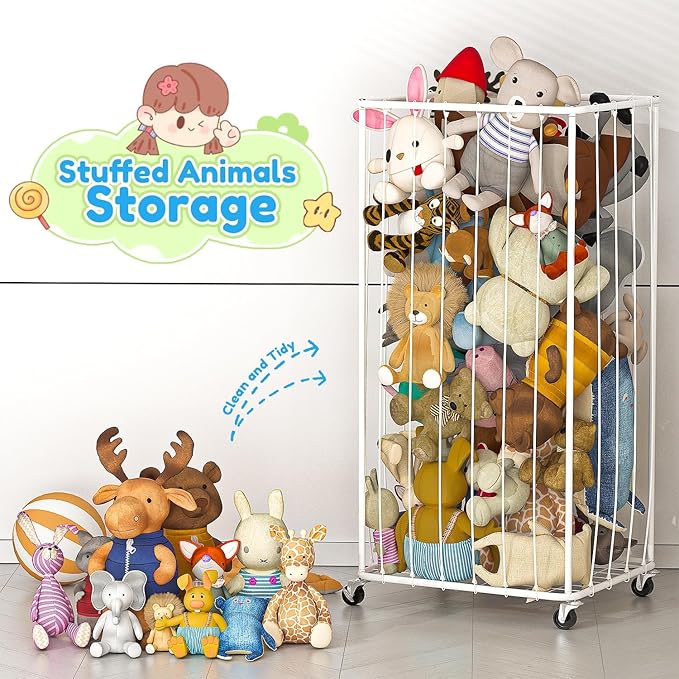 210L Stuffed Animal Organizer Plush Toy Storage Organizer Toy Storage Basket, Kids Toy Storage Bins with Wheels, Metal Frame and Elastic Cord Design, Suitable for Storage of Any Stuff