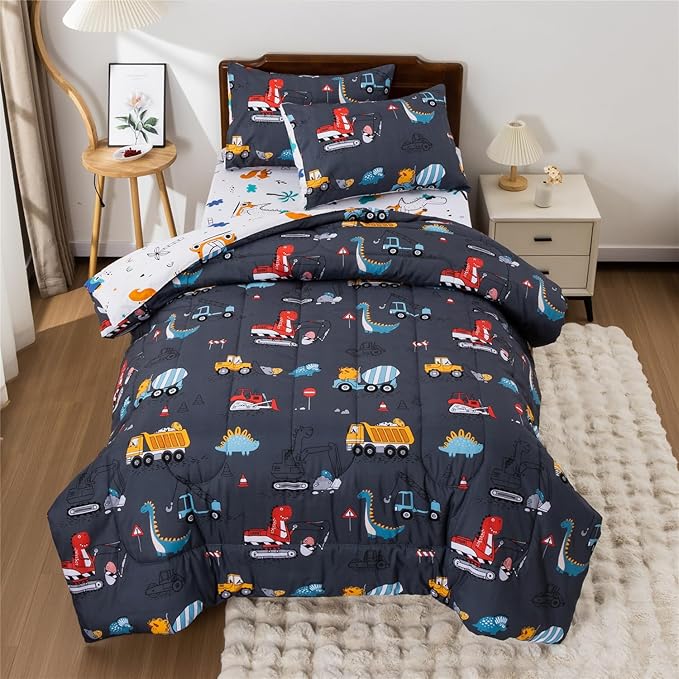 Meeting Story Construction Truck Car Full Comforter Set for Boys,5 Pieces Dinosaur Bedding Set with Sheets and Pillowcases，Excavator Lightweight Microfiber Bedding Sets（Grey，Full5pcs）