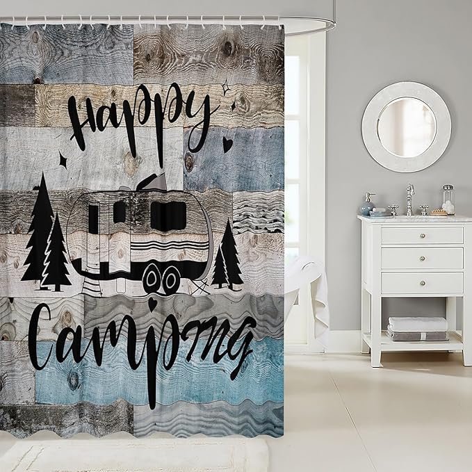 Feelyou Camper Shower Curtain Camping Bathroom Shower Curtain Set Happy Camping Bath Curtain for Kids Boys Girls Camping Car Kids Bathroom Accessories 72"x72"