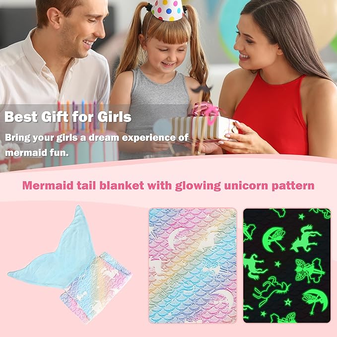 Catalonia Mermaid Tail Blanket for Girls, Glow in The Dark Mermaid Sleeping Bag for 3-14 yrs Kids, Birthday Gift for Daughter