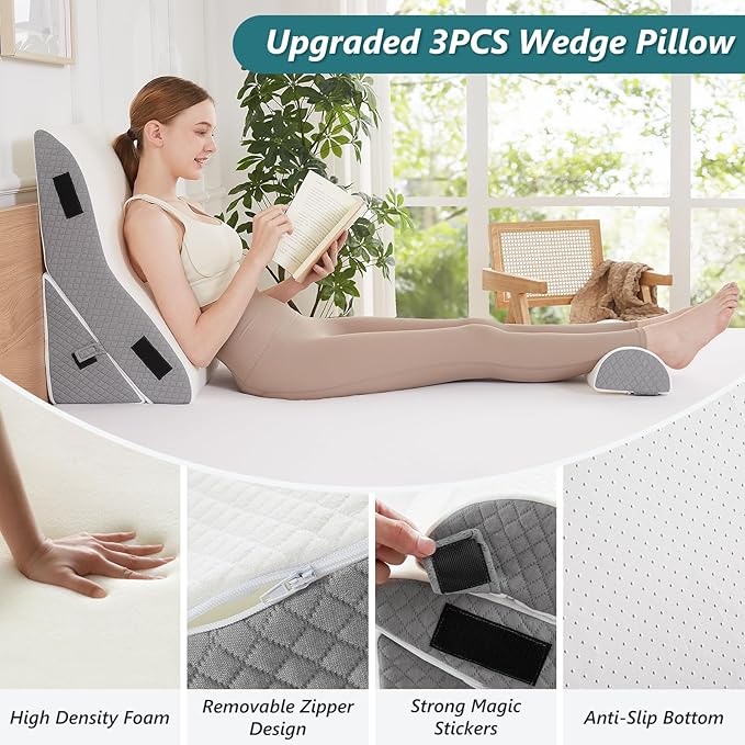3 PCS Upgraded Bed Wedge Pillow for Sleeping - 35D Post Surgery Pillow for Back Leg Pain Relief - 16.5" Wide Wedge Pillows for After Surgery for Acid Reflux & GERD & Snoring(White Grey)