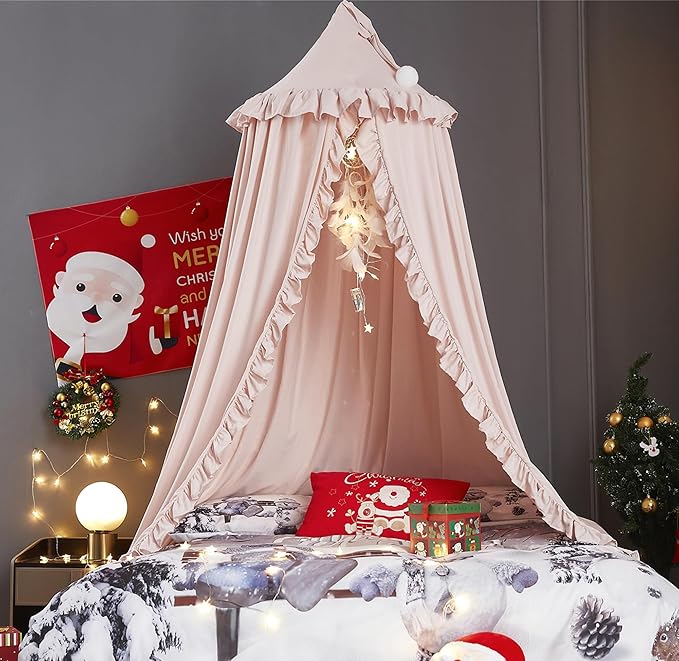 VETHIN Bed Canopy for Girls Kids,Princess Round Dome Children Dreamy Mosquito Net Bedding Girls Room Castle Play Tent Hanging House Decor Reading Nook Canopies (Beige Pink)