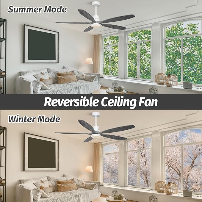 60" Ceiling Fan with Light and Remote,Reversible DC Motor,6Speed,Modern Natural Wood Ceiling Fan with Dimmable LED for Outdoor Patios Bedroom Living Room,Grey Walnut and White