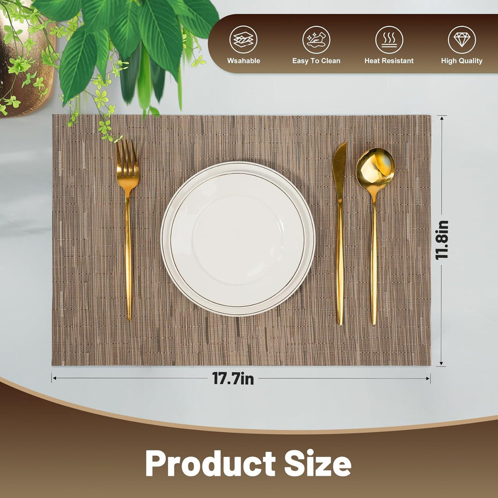 Placemats Set of 6，Non-Slip PVC Weave Table Mats Easy to Clean，Heat Resistant Place Mats for Kitchen Dining Table Decoration Indoor Outdoor，Light Brown