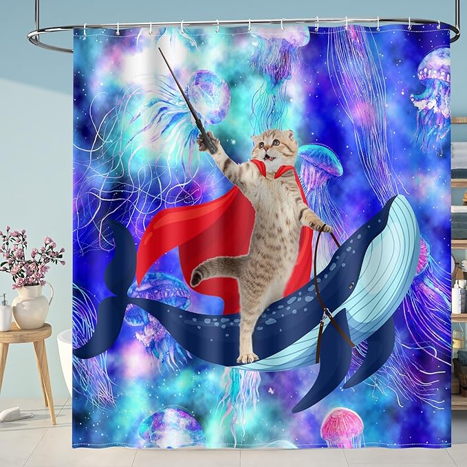 Aimego Funny Cat Shower Curtains - Cute Cat Riding Whale Shark on Space Galaxy Fantasy Jellyfish Fun Shower Curtain Set with 12 Hooks for Adults Kids Bathroom Decor Accessories, 72"x72"