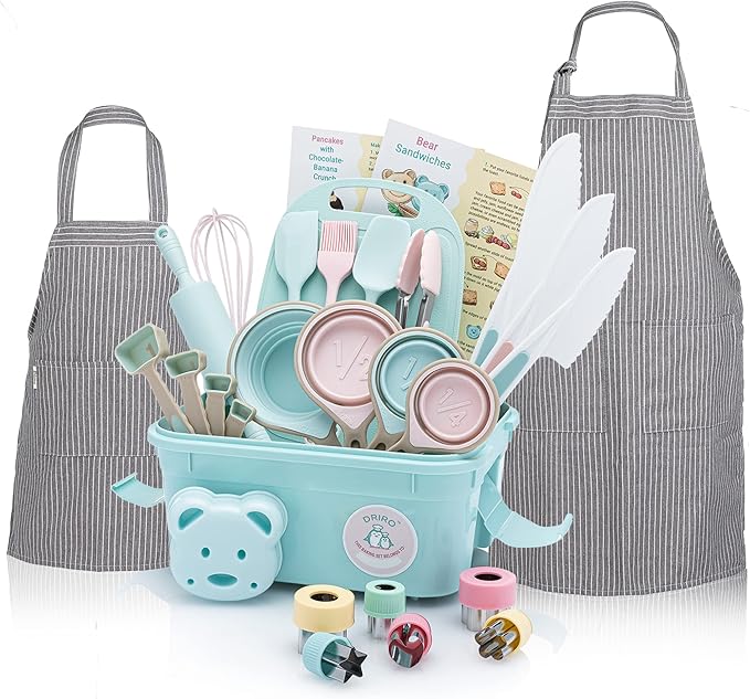 Kids Baking Set Real Cooking Set for Kids , Baking Supplies with Adult and Kid Aprons - Real Tools for Real Cooking Kids Baking Sets for Girls and Boys Kid Cooking Gift Set (Cyan)