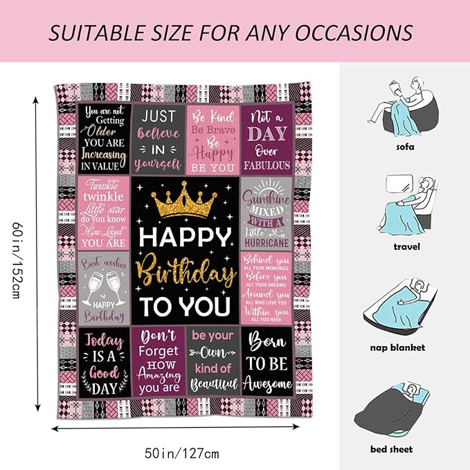 Birthday Gifts for Women/Girls/Her, Happy Birthday Decorations Blanket 50"X60", Gifts for Women Birthday Unique, Birthday Gifts for Mom/Daughter/Friend/Sisters, Women Birthday Gift Ideas