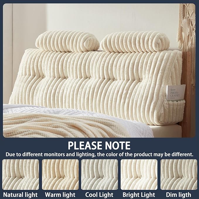 Faux Fur Headboard Pillow with 2 Pack Neck Roll Pillow Large Headboard Pillow Soft and Supportive with Removable Cover (Beige, Queen)