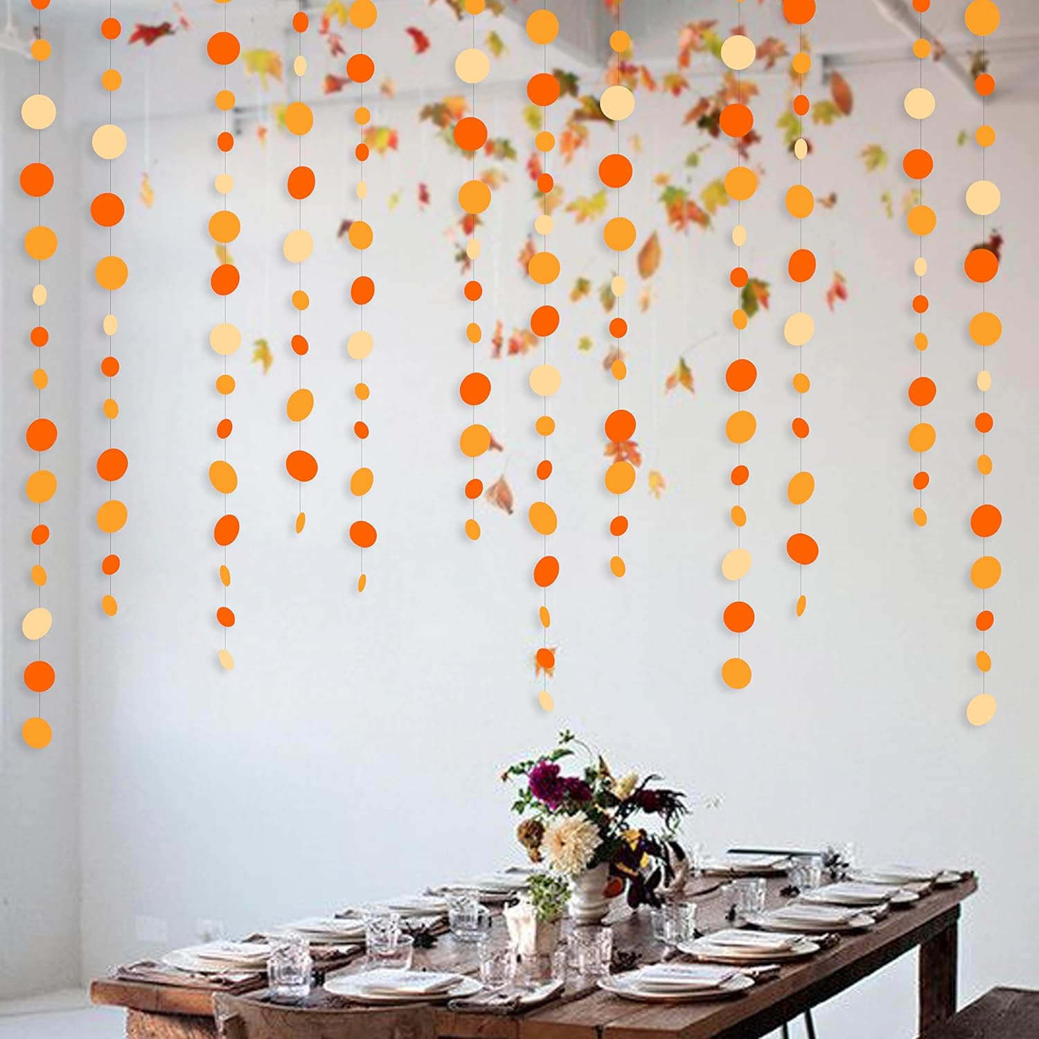46 Ft Thanksgiving Fall Autumn Circle Dots Garland Gradient Orange Polka Dot Hanging Paper Streamer for Orange Wedding Bridal Shower Birthday Baby Shower Engagement Harvest Party Decorations Supplies
