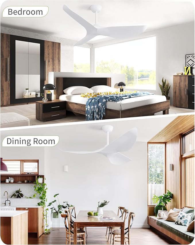 CACI Mall Ceiling Fans without Lights - 52-Inch Flush Mount Ceiling Fan with 6 Speeds, 3 Timer Remote, Quiet Reversible DC Motor, and 5"/10"/25" Replacement Downrods (White ABS Blades)