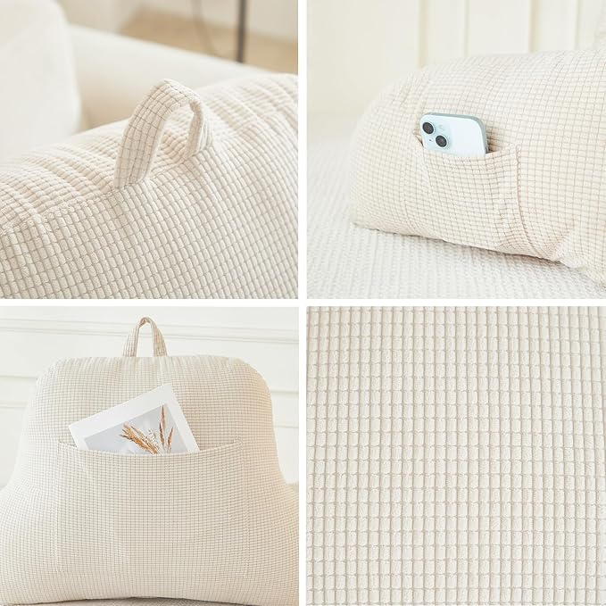 Back Pillow for Bed Sitting Up,Reading Pillow for Sitting in Bed Adult with Arm Pillow,Back Rest Pillow for Sitting in Bed with Pockets,While Gaming,Working,Watching,Standard-Ivory