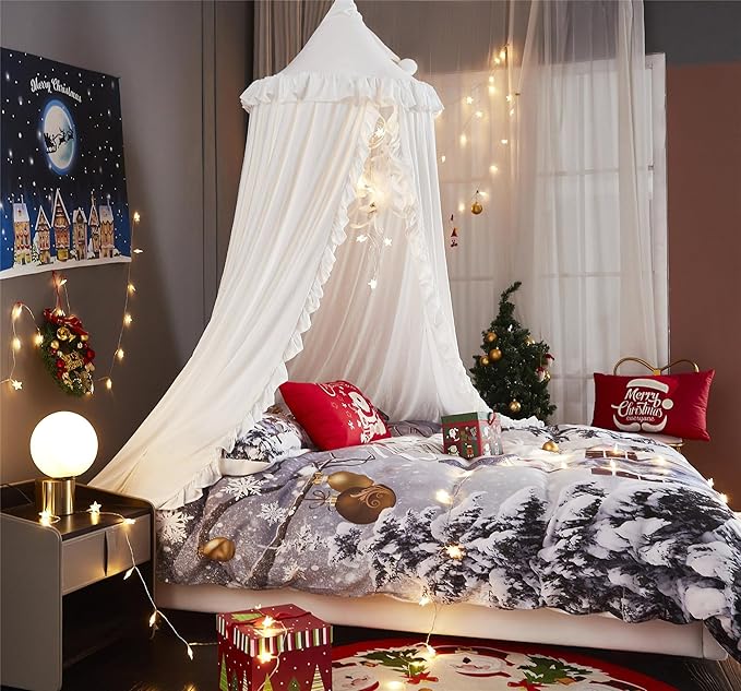VETHIN Bed Canopy for Girls Kids,Princess Round Dome Children Dreamy Mosquito Net Bedding Girls Room Castle Play Tent Hanging House Decor Reading Nook Canopies (White)