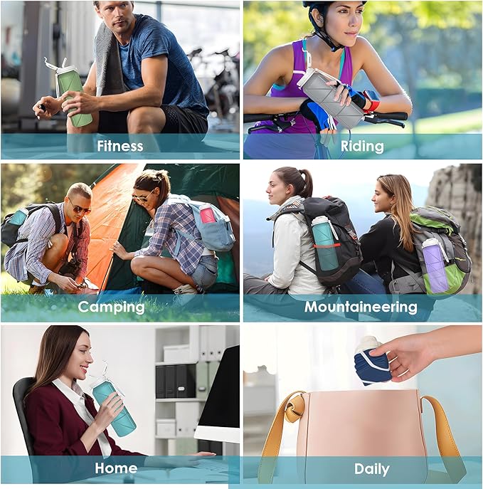 2pack Collapsible Water Bottles Reusable Leak Proof Silicone Water Bottle BPA Free Durable Foldable Sports Bottles & straw 23oz Lightweight Bottle for Gym Hiking Biking Camping Travel Bottle