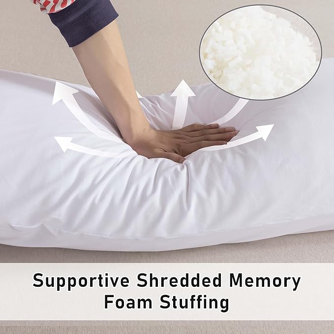 WhatsBedding Memory Foam Body Pillow with 100% Cotton Jersey Knitted Cover, Luxury Soft Large Long Pillow for Adults, Firm Full Body Pillow with Removable Zippered Pillow Case - White
