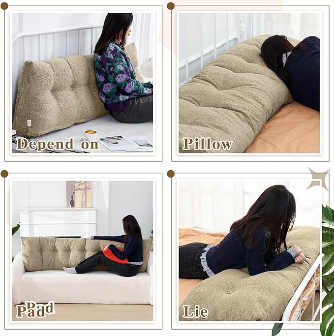 Wenqik Wedge Pillow Triangular Dorm Headboard Bed Rest Reading Backrest Back Support Long Bolster Pillow with Removable Cover for Dorm Room Supplies(Khaki Gray,King (79 x 20 x 8 Inch))