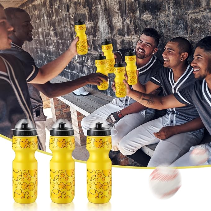 24 Pcs 24 oz Baseball Water Bottle Bulk and Drawstring Bag Set 12 Reusable Plastic Biking Water Bottle Tumbler 12 Sport Gym Goodie Gift Bag for Party Favor (Yellow)