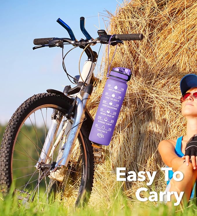 32oz Motivational Water Bottle with Time Marker & Fruit Strainer, Leak-proof BPA Free Non-Toxic Bottle with Carrying Strap, Perfect for Fitness, Gym and Outdoor Sports