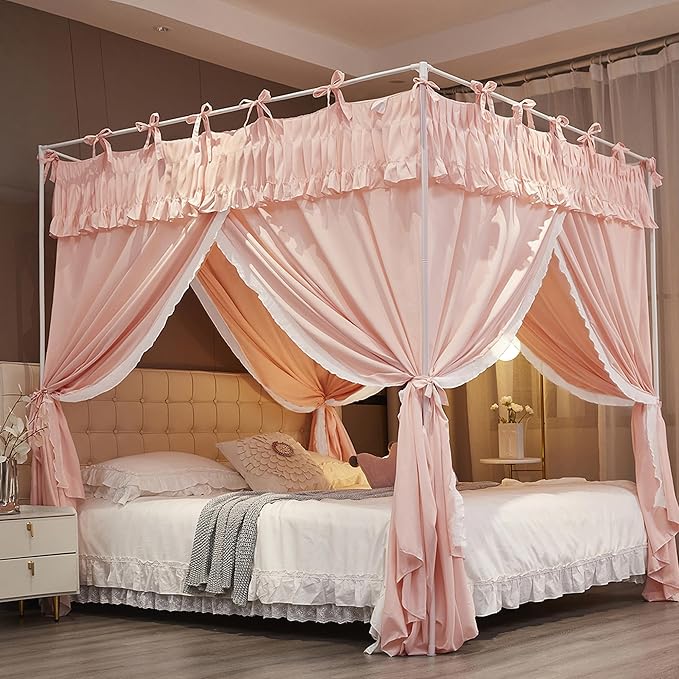Ruffle Lace up 4 Corners Post Princess Curtain Bed Canopy Cozy Breathable Mosquito Net Cloth for Girls Adults Bedroom Decoration (Pink, 53" W*78" L*82" H/Full)