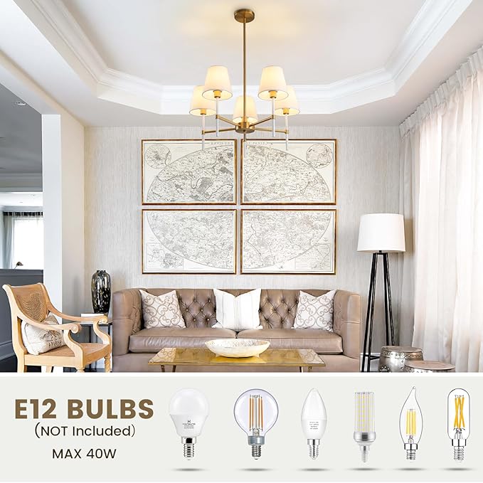 Dining Room Chandeliers Light - 5-Light White and Gold Modern Chandeliers Light Fixtures with White Fabric Shade, Height Adjustable Pendant Island Light for Entryway Farmhouse