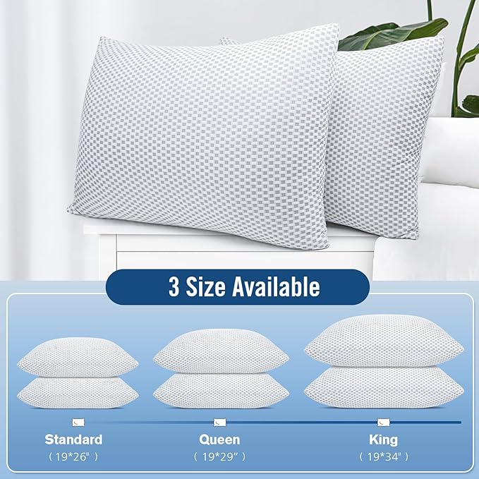 Shredded Memory Foam Pillows, Queen Size Bed Pillows for Sleeping 2 Pack,Washable Removable Cover,Pillows Suitable for Stomach,Back and Side Sleepers.