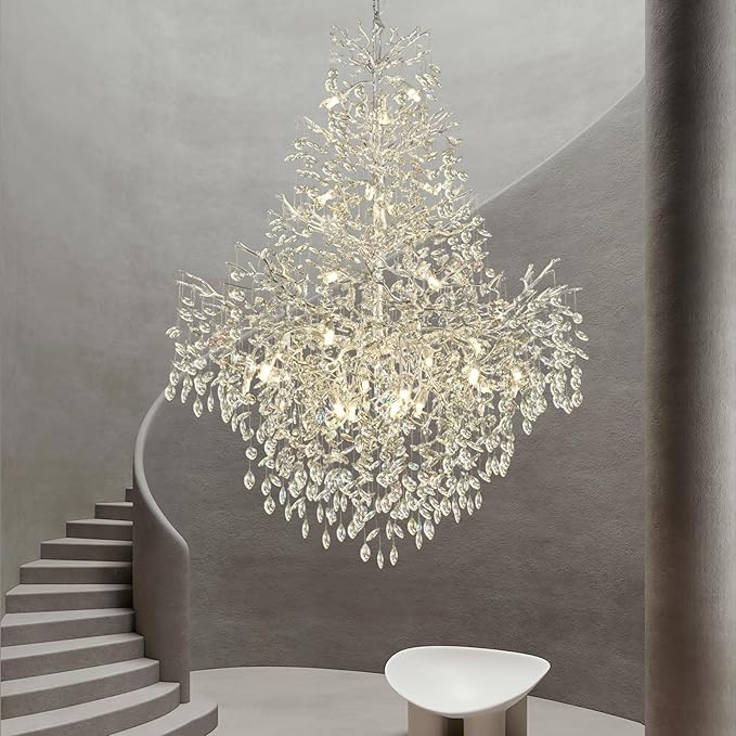 H65'' Silver Crystal High Ceilings Chandelier Staircase Chandeliers Modern Crystal Tree Branch Chandelier, D48'' Foyer Chandelier for High Ceiling Luxury Large Living Room Chandelier, 27-Lights
