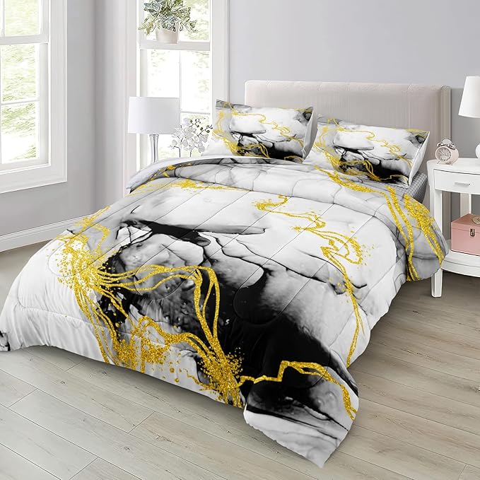 Bedbay Marble Comforter Set Queen Size Watercolor Bedding Black and Gold Bedding Duvet Set Abstract Marble Texture 4 Pieces Soft Microfiber Lightweight Down Alternative Comforter(Ink,Queen)