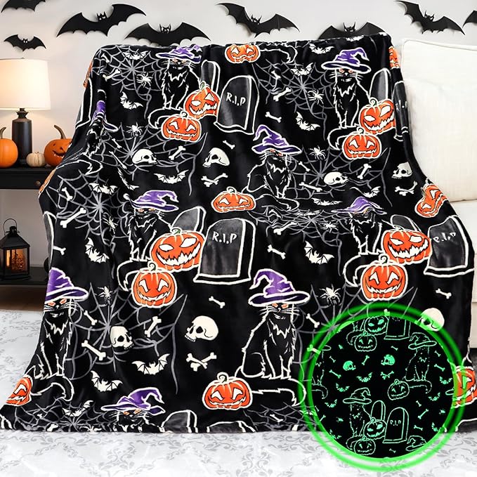 Halloween Blanket Pumpkin Glow in The Dark Blanket Cat Halloween Decorations Cute