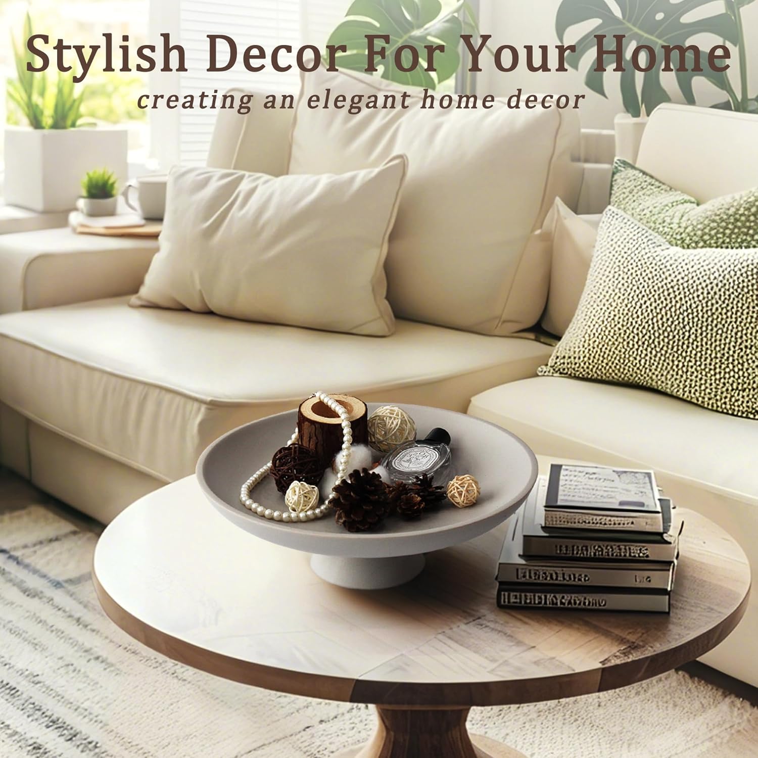 Modern Resin Pedestal Decorative Bowl, Large Fruit Bowl for Kitchen Counter, Stylish Key Bowl for Entryway Table, Grey