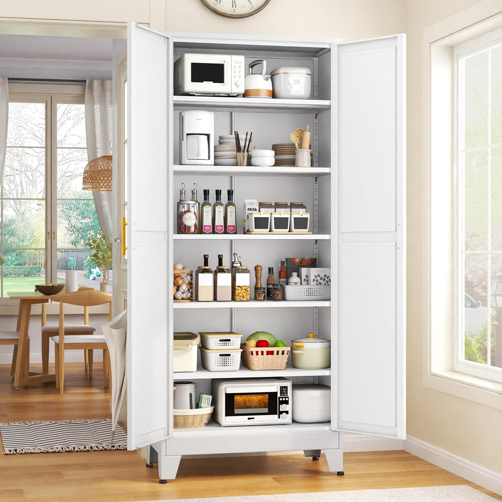 75.2" Tall Pantry Cabinet, Kitchen Pantry Storage Cabinets with 2 Door and 5 Adjustable Shelves, White Metal Pantry Storage Cabinet, Cupboard for Kitchen, Dining Room, Living Room and Bathroom