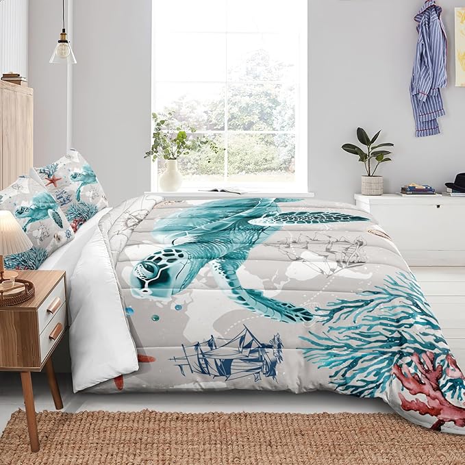 Bedbay Nautical Bedding Set Turtle Comforter Set King Size Beach Comforter Set Soft Microfiber Sea Life Ocean Bedding Comforter Set Coastal Bedding Boys Girls Beach Theme Bedding Set(Turtle,King)