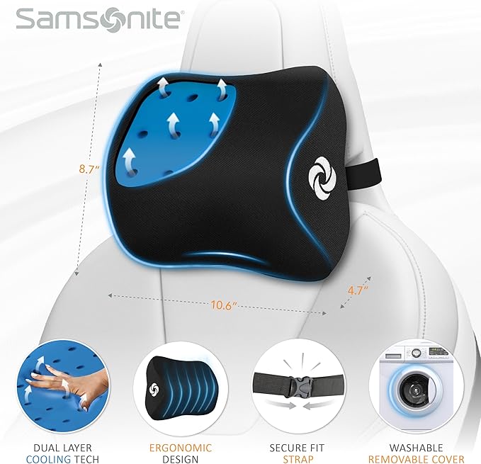 SAMSONITE, Infused-Gel Car Neck Pillow with Airflow Memory Foam, Headrest Support Cushion for Driving, Universal - Fits Any Vehicle, Including SUVs and Trucks, Washable Cover, Large Size, Black…