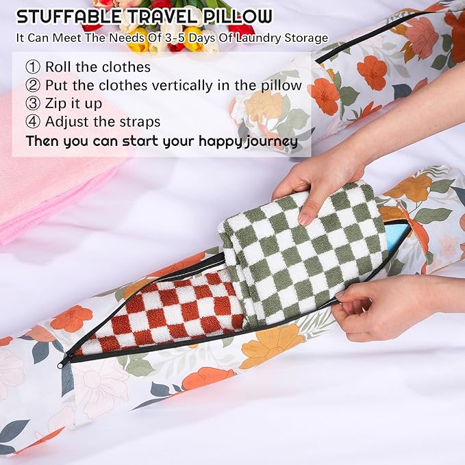 2 PCS Stuffable Travel Pillow, Stuffable Neck Pillow for Travel, Portable Self-Fillable Design Travel Pillow, U-Shaped Pillow with Snap Strap and Storage Bag (Pillow Cover Only, No Filler)