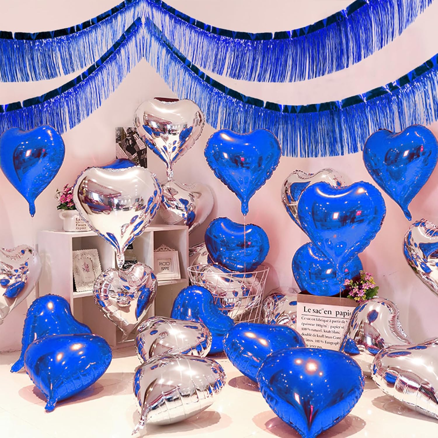 Blue Foil Fringe Garland 10FT 2packs, Metallic Foil Tinsel Fringe Banners for Parade Float Decorations Wedding, Birthday Party Graduation (Two Blue)