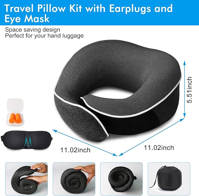 Travel Pillow,Upgraded 100% Memory Foam Neck Pillow for Traveling,Ergonomic Design Soft Best Flight Pillow,Neck Pillow Airplane Kit with 3D Contoured Eye Masks,Earplugs and Luxury Bag (Dark Gray)