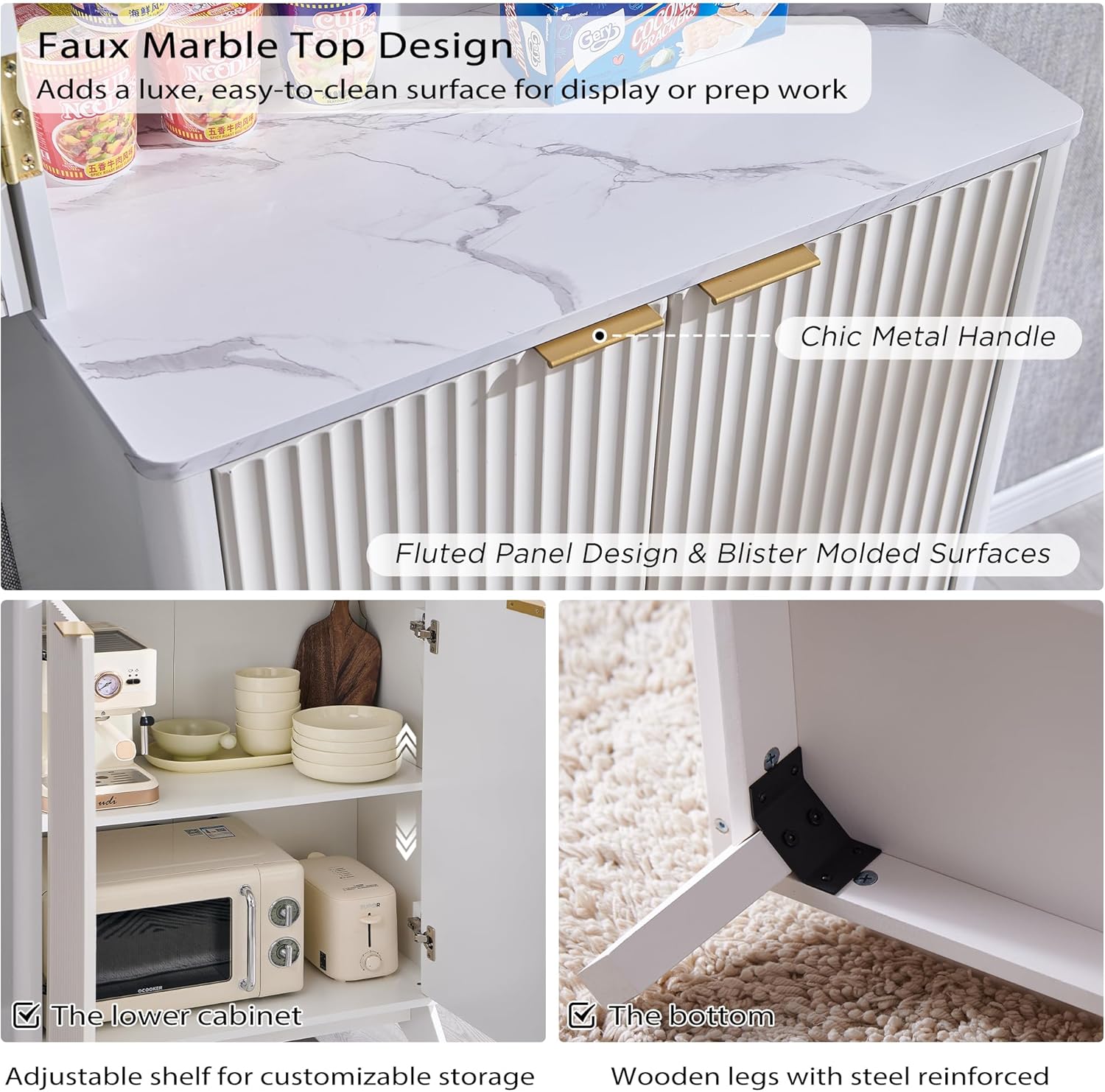 OKD Fluted Kitchen Pantry, 72" Tall Mid Century Modern Storage Cabinet with Adjustable Shelves & Door Organizer, Wood Cabinet for Kitchen, Living Room, Solid White