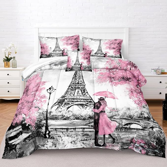 Bedbay Eiffel Tower Comforter Set Queen Size Pink Paris Bedding Romantic Couple Lovers Printed Girls Women Comforter Set Pink and Grey Soft Lightweight French Style Duvet Set (Pink,Queen)