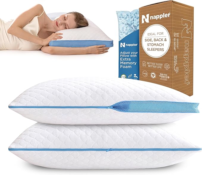 Side and Back Sleeper Pillow for Neck and Shoulder Pain Relief - Shredded Memory Foam Bed Pillow for Sleeping - 100% Adjustable Fill - King Size - Set of 2 Washable Case. Extra Fill Included