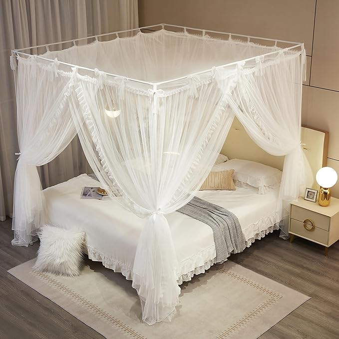 4 Corners Post Princess Curtain Bed Canopy Lace Up Double Layer 4 Opening Mosquito Net Mesh for Girls Bedroom Decoration(White, 64" W*82" L*82" H/Queen)