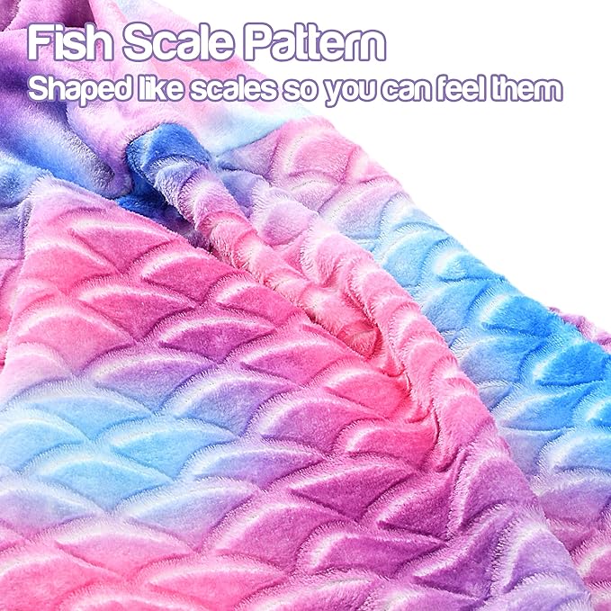 Catalonia Kids Mermaid Tail Blanket, Super Soft Plush Flannel Sleeping Snuggle Blanket for Girls, Rainbow Tie-dye, Fish Scale Pattern, Gift Idea