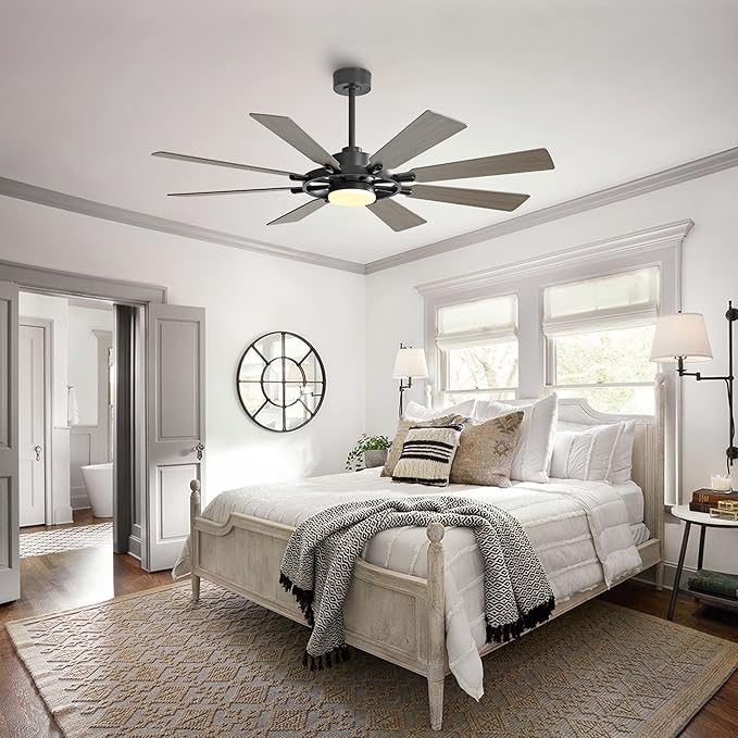 72" Ceiling Fan with Lights and Remote Control, Wood 8 Blades 6-Speed Noiseless Reversible DC Motor, 3 Downrods, Modern Ceiling fan for Office Porch Bedroom Dining Living Room, Black+Wood