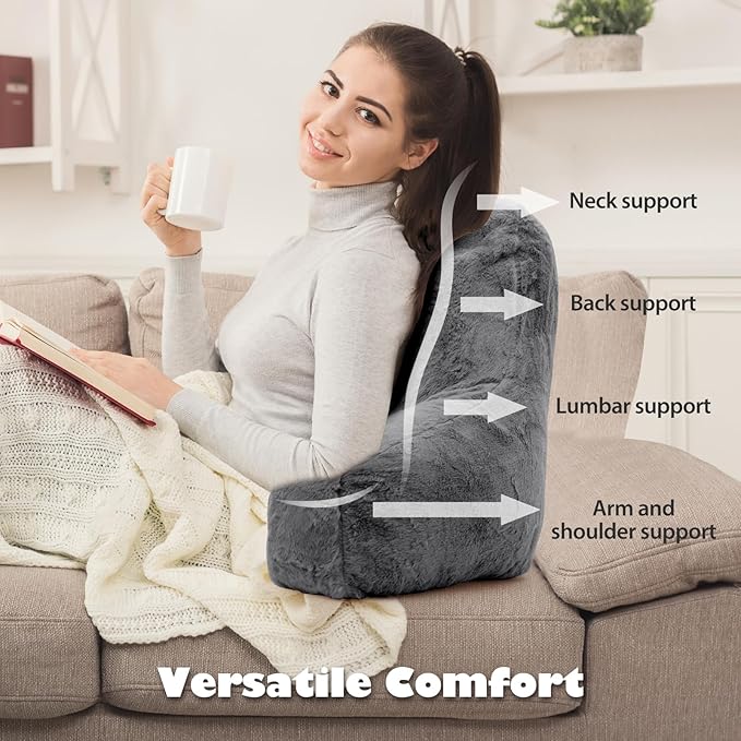 Reading Pillow for Sitting in Bed Adult, Standard Reading Pillow with Memory Foam, Back Pillow for Bed Sitting Up with Extend Arms, Bed Reading Pillow, Grey