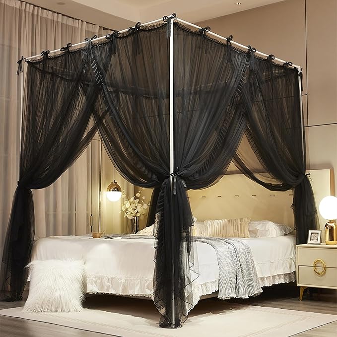 4 Corners Post Princess Curtain Bed Canopy Lace Up Double Layer 4 Opening Mosquito Net Mesh for Girls Bedroom Decoration(Black, 78" W*86" L*82" H/King)