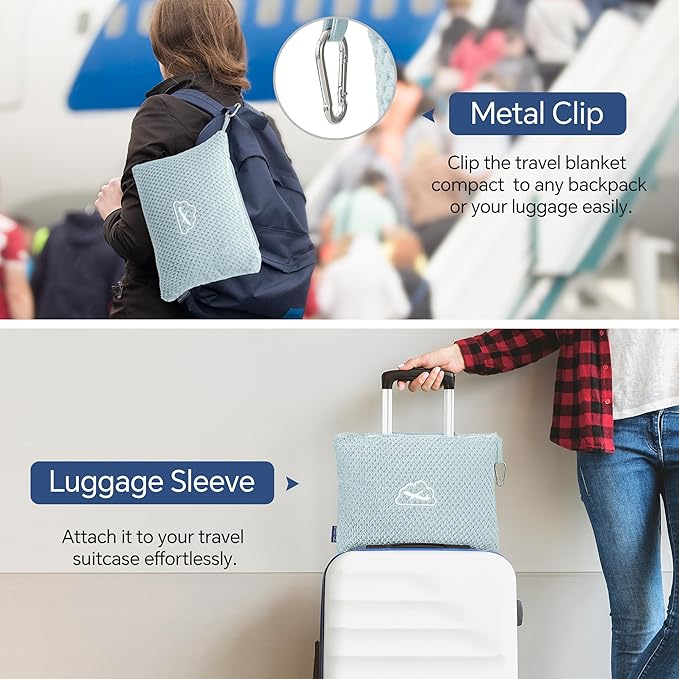 BEDELITE Travel Blanket Airplane Compact with Bag, Portable and Packable 2 in 1 Jacquard Travel Pillow and Blanket Set, Airplane Blanket Travel Essentials with Luggage Sleeve & Backpack Clip, Blue