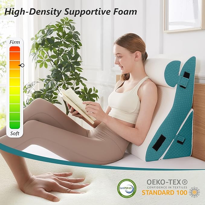 3 PCS Upgraded Bed Wedge Pillow for Sleeping - 35D Post Surgery Pillow for Back Leg Pain Relief - 16.5" Wide Wedge Pillows for After Surgery for Acid Reflux & GERD & Snoring(White Blue)