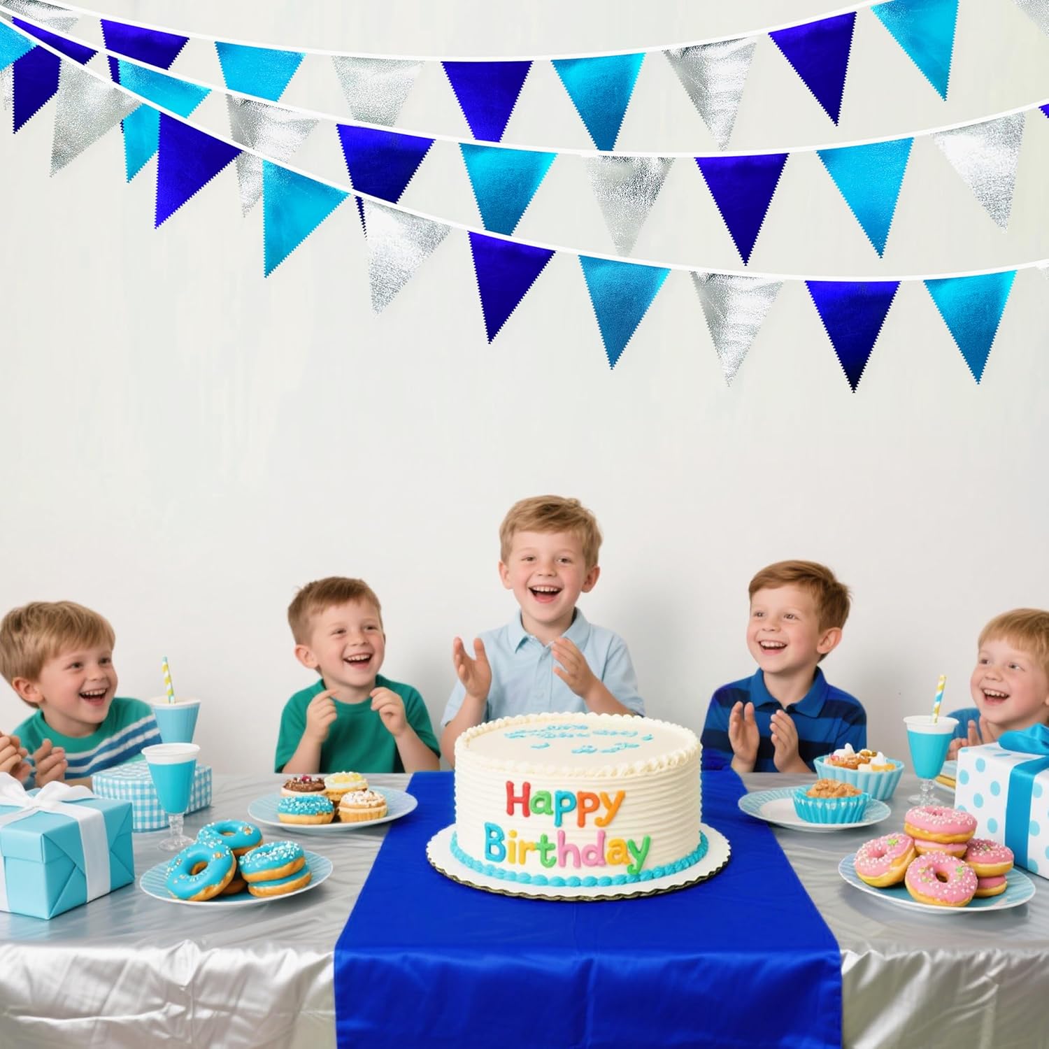 Navy Blue Silver Party Decorations Metallic Fabric Triangle Pennant Banner Flag Bunting Garland for Graduation Birthday Retirement Wedding Bachelorette Nautical Ahoy Achor Outdoor Party Supplies